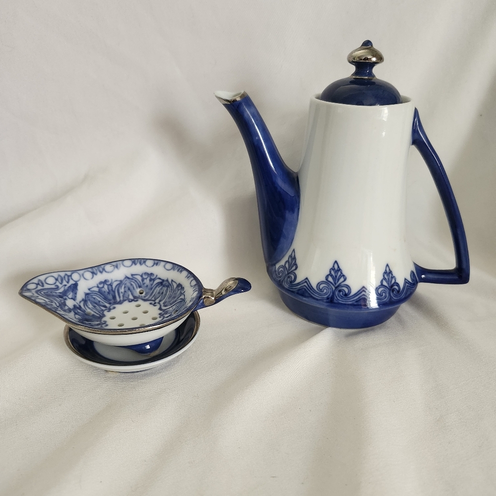 Bombay Company Blue & White Tea Pot & Tea Bag Holder Strainer with Saucer